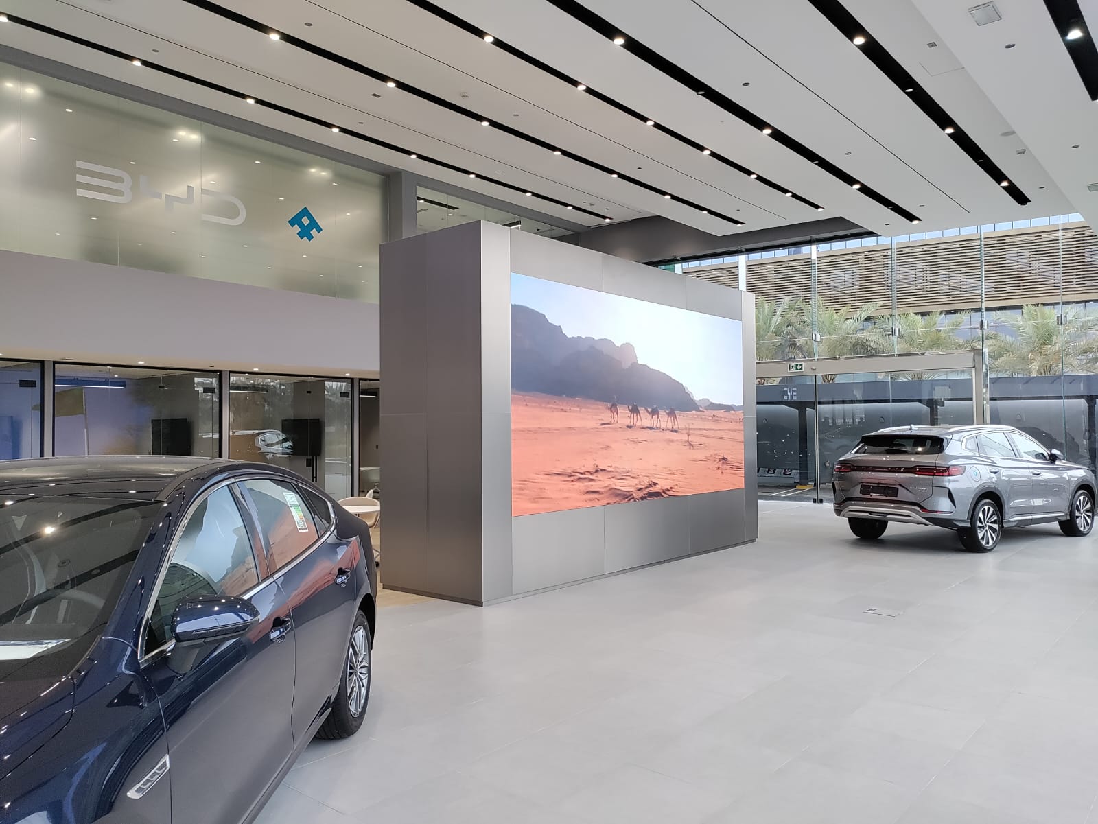 Large-format LED display installation in a showroom